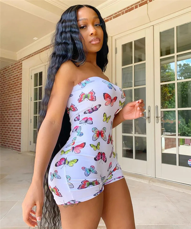 

Women Sexy Butterfly Printed Off Shoulder Playsuit Summer Strapless Jumpsuit Rompers Short Plus Size Party Jumpsuit Clubwear