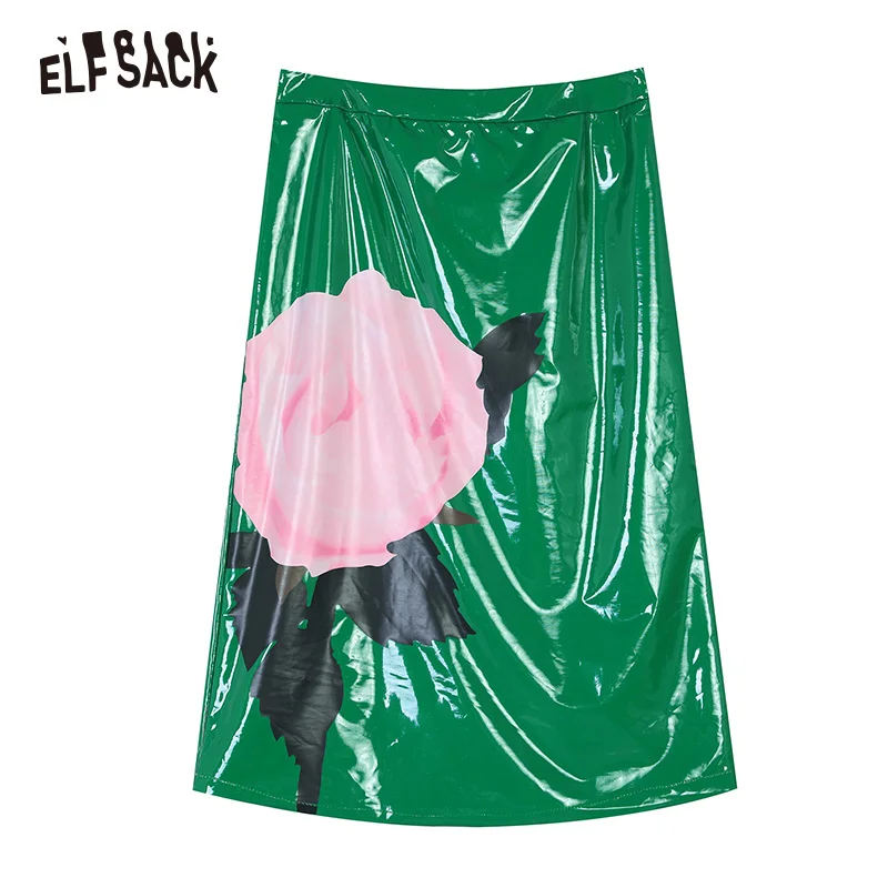 ELFSACK Винтаж Цветочный принт Для женщин юбки Осень новинка, средняя талия, купальник, Повседневное зеленая юбка Уличная Повседневное Femme низ - Цвет: Зеленый