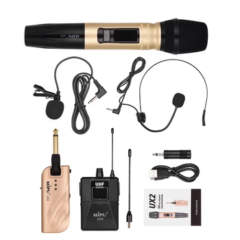 

Dual-Channel UHF Wireless Microphones System with 1 Receiver+1 Bodypack Transmitter+1 Lavalier Mic+1 Headset Mic+1 Handheld Mic