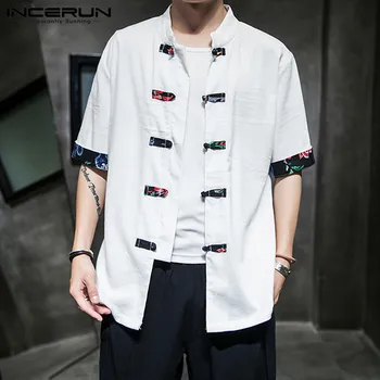 

INCERUN Men Solid Color Half Sleeve Chinese Style Shirt Fashion Comfort Cotton Retro Joker Buckle Mens Casual Blouse Streetwear