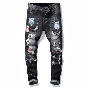 

Autumn Winter Hip hop streetwear Ripped torn mens jeans black embroidery slim skinny jeans stretch pants men trousers clothes