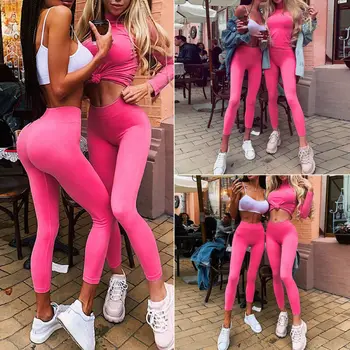 

2020 Fashion Women's High Waist Slim Fit Gym Workout Anti-Cellulite Sport Pink Leggings Ladies Solid Casual Stretch Leggings