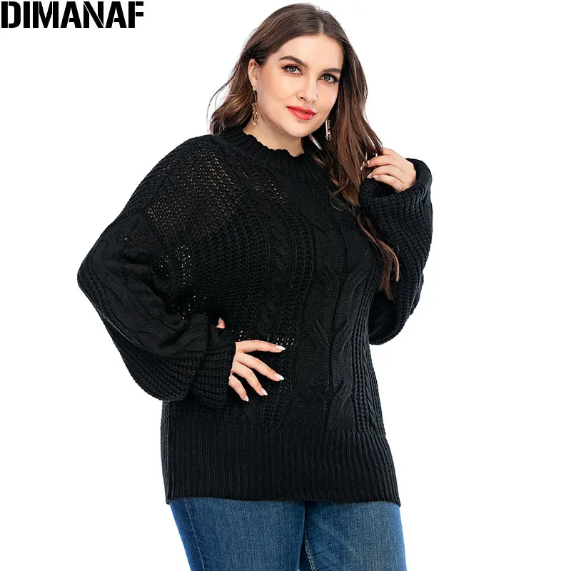 

DIMANAF Plus Size Women Sweater 2020 Autumn O-Neck Female Pullover Solid Knitted Wool Turtleneck Casual Black Style Large Size