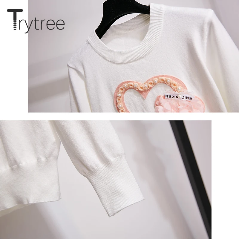 Trytree осенне-зимний комплект из двух предметов, повседневный топ с круглым вырезом и жемчугом+ юбка, мини Модный комплект для офисной леди, комплект из 2 предметов