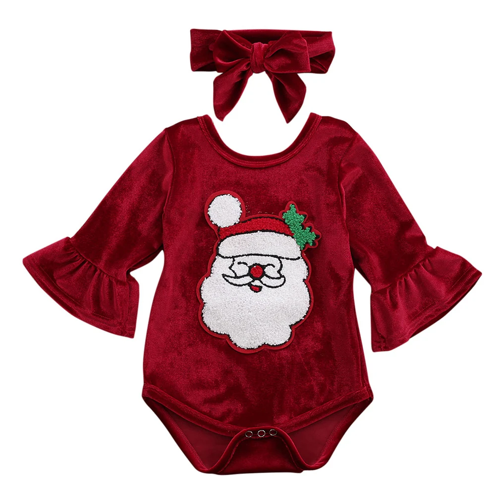 Рождественское боди с Санта Клаусом для новорожденных и маленьких девочек 0-24 месяцев; Рождественский бархатный комбинезон; боди+ повязка на голову; комплекты одежды