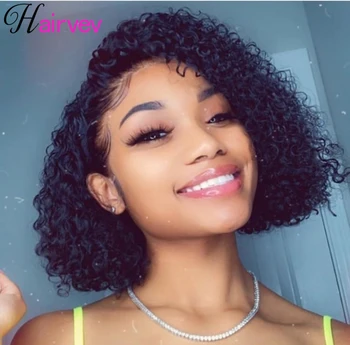 

Hairvev 13*4 Bob Lace Front Wigs 100% Human Hair Wigs 150% Density Kinky Curly Brazilian Lace Front Wig For Women Remy Hair Wigs