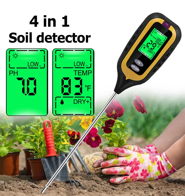 4 in1 Soil Moisture PH Meter Professional Digital Gardening Plant Farming Moisture PH Temperature Solar Sunlight Soil Tester force measuring instruments