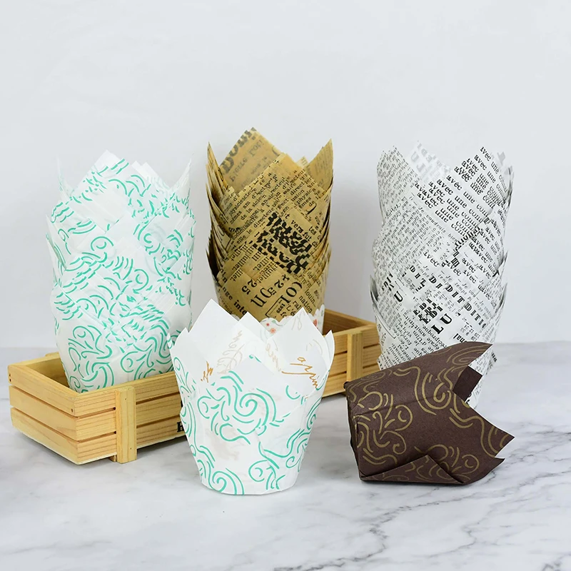 50pcs Newspaper Style Cupcake Liner Baking Cup For Wedding Party Caissettes Tulip Muffin Cupcake Paper Cup Oilproof Cake Wrapper