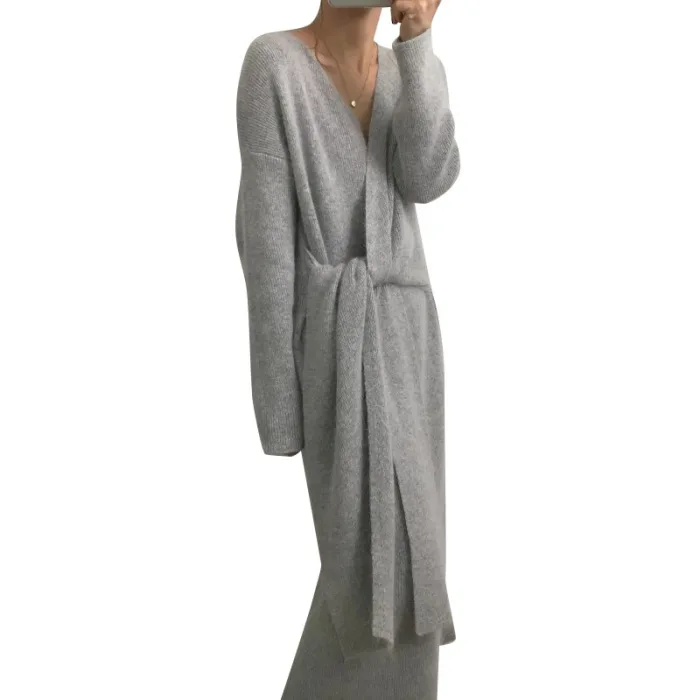 Кашемировое платье-свитер с поясом, женское модное трикотажное платье с v-образным вырезом и длинным рукавом KNG88