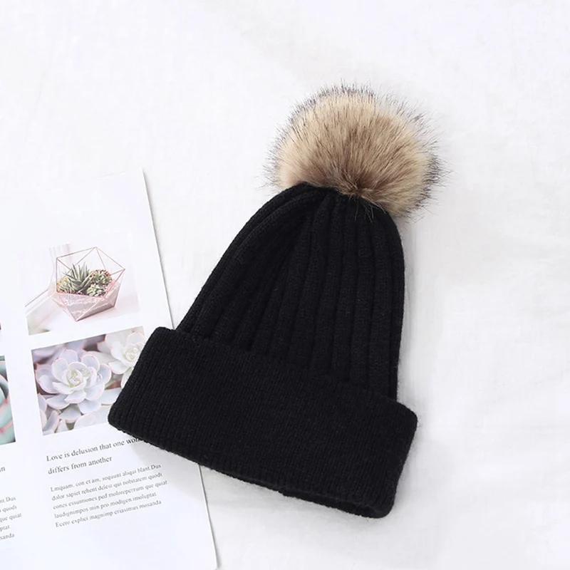 BK Родитель-Детские шапочки с помпоном, теплый мех енота, помпон, Mommy Beanie, шапки для детей, хлопковая вязаная детская зимняя шапка для мамы, шапки, 7 цветов - Цвет: BK