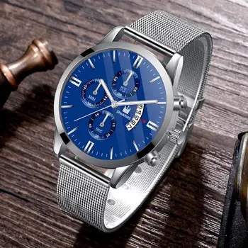 

Men Luxury Silver Blue Watch Fashion Military Sport Date Clock Mesh Band Stainless Steel Quartz Wristwatch Male Business Watches