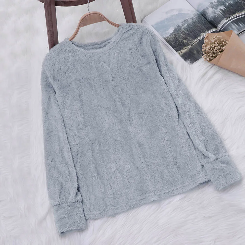 JAYCOSIN Fashion Women Artificial Wool Plush Sweatshirt Casual Simple Long Sleeve Solid Color Comfortable Pullover Blouse Top