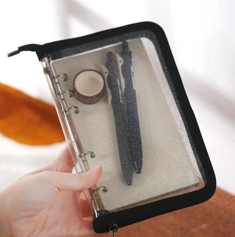 A6 6 링 바인더 커버 PVC 지퍼 지갑 파우치 폴더 투명 방수 루스 리프 백 리필 필러 주최자 노트북 용