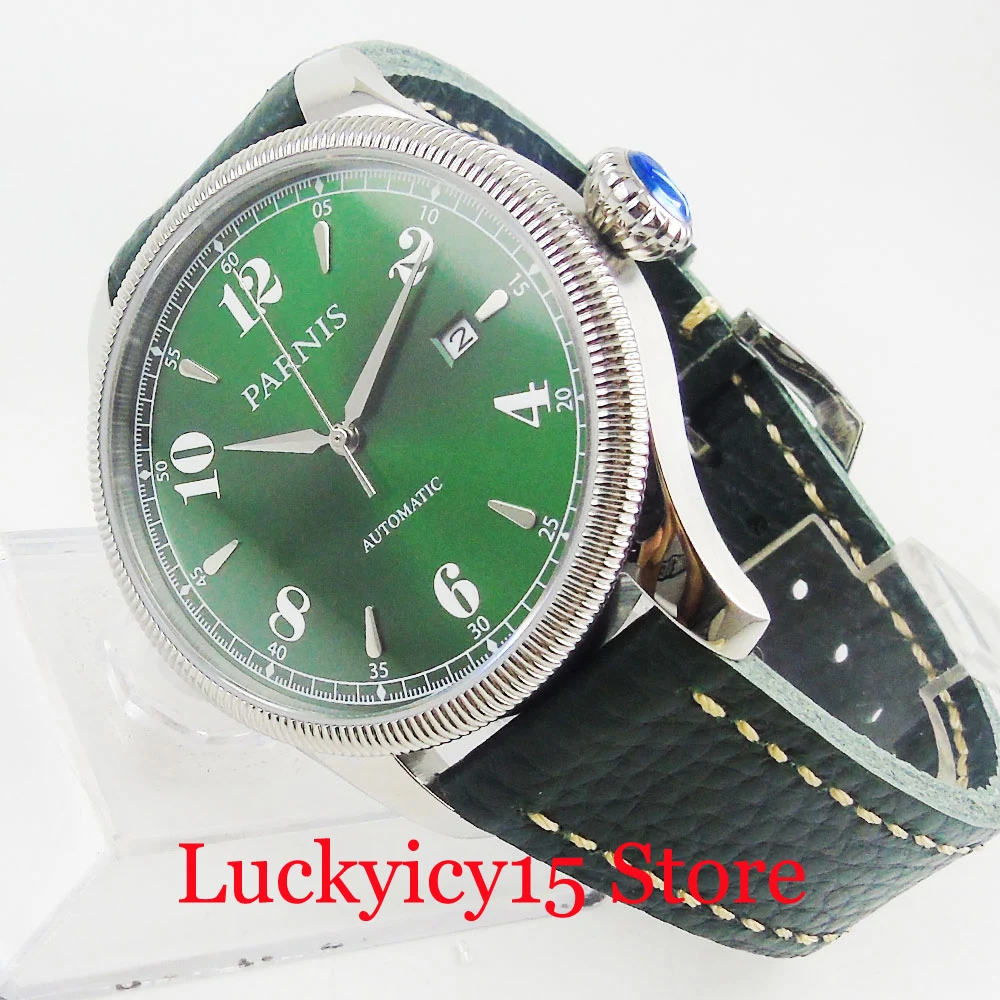 

Retro Fashional PARNIS 42mm Automatic Men Watch Sapphire Glass Date Function Green Dial Stainless Steel Case Gift Wristwatch