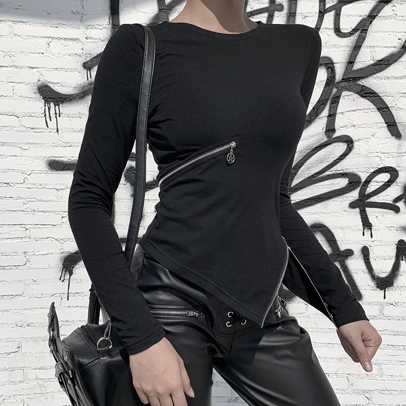 InsGoth женские черные футболки с длинным рукавом готический панк пентаграмма молния Bodycon женские топы уличная мода винтажные повседневные топы