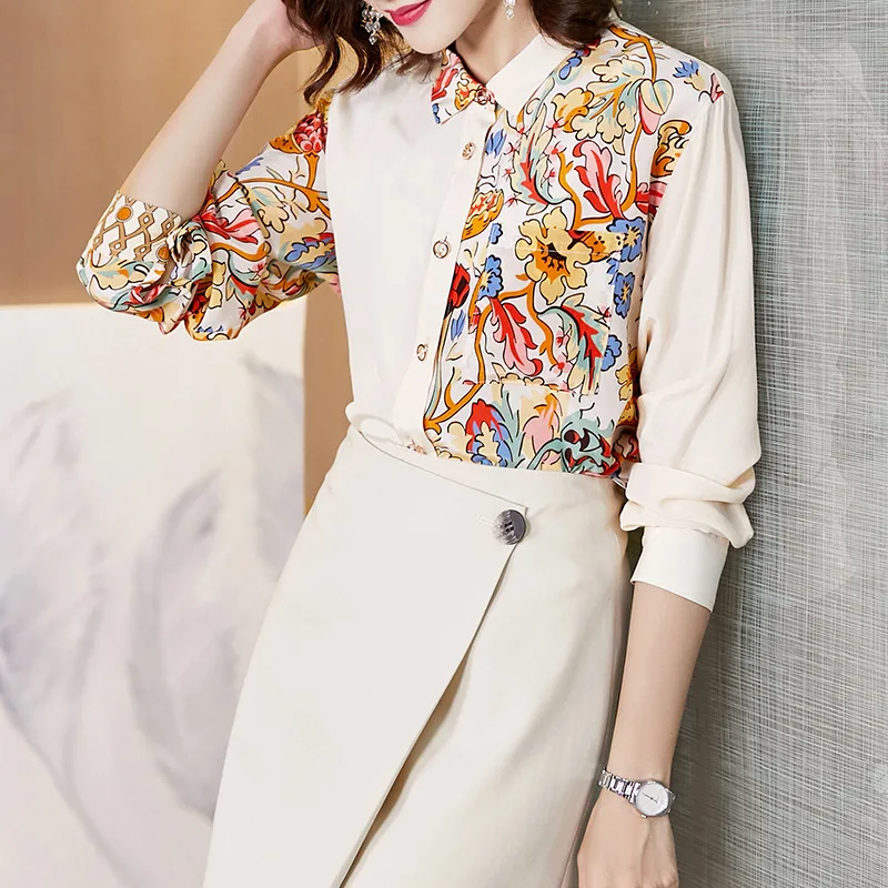 

100% Real Silk Luxury 2020 Spring New Shirts Women Long Sleeved Printing Blouses and Tops