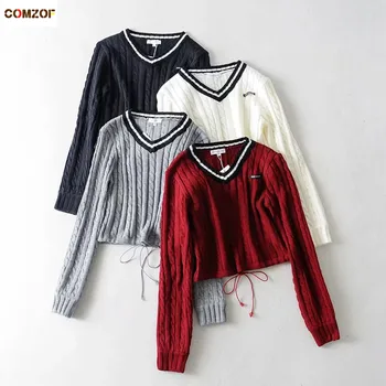 

Long sleeve crop top women v-neck sweater drawstring pullover patchwork jumper 2019 autumn womens knitted clothing sweaters