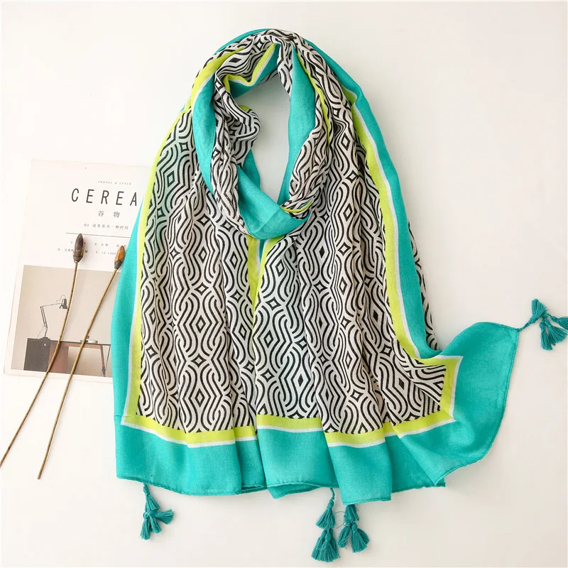 

2021 New Geometry Print Tassel Scarf Shawls Soft Geometric Pattern Head Hijab Wrap Free Shipping