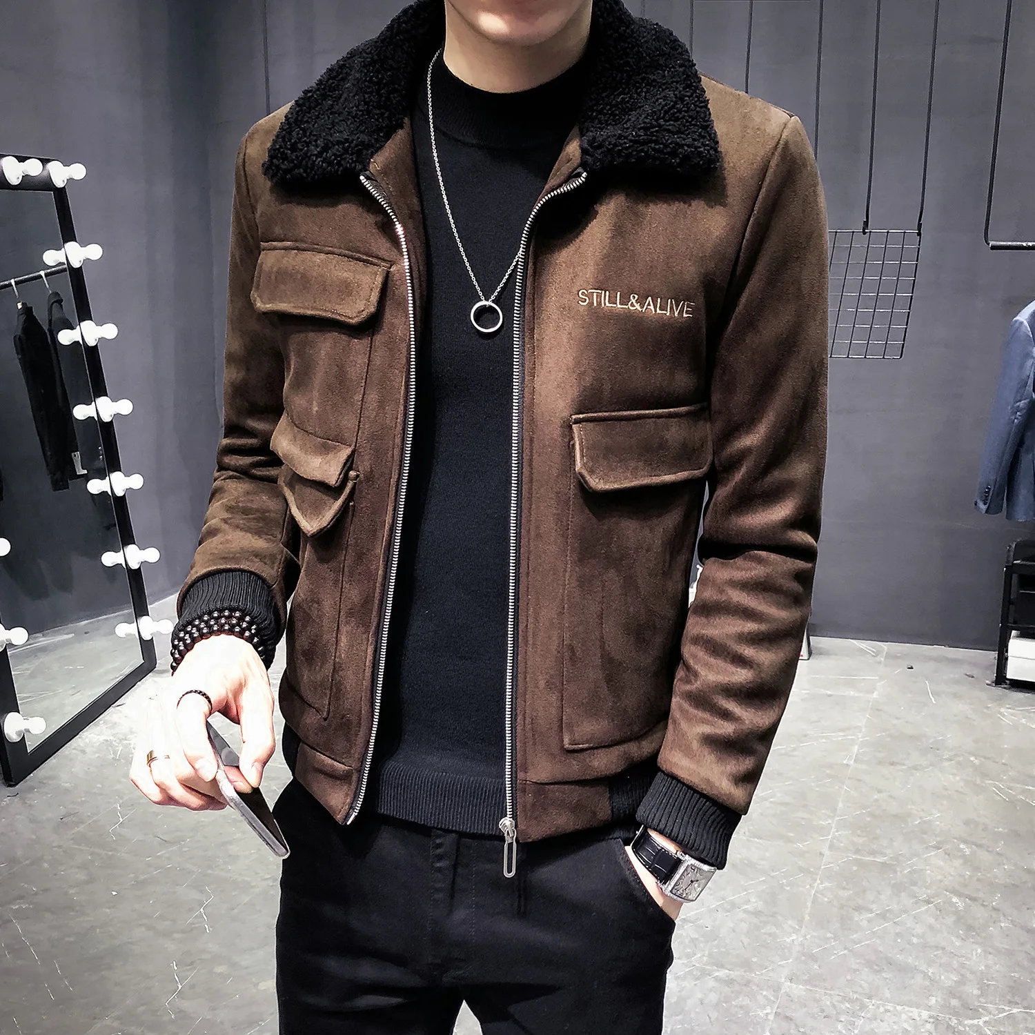 Ceny Zima mężczyźni odzież kurtka Deerskin odporne na zimno bawełny wyściełane koreański, slim kurtka deri ceket płaszcze męskie futro kołnierz Erkek kurtki