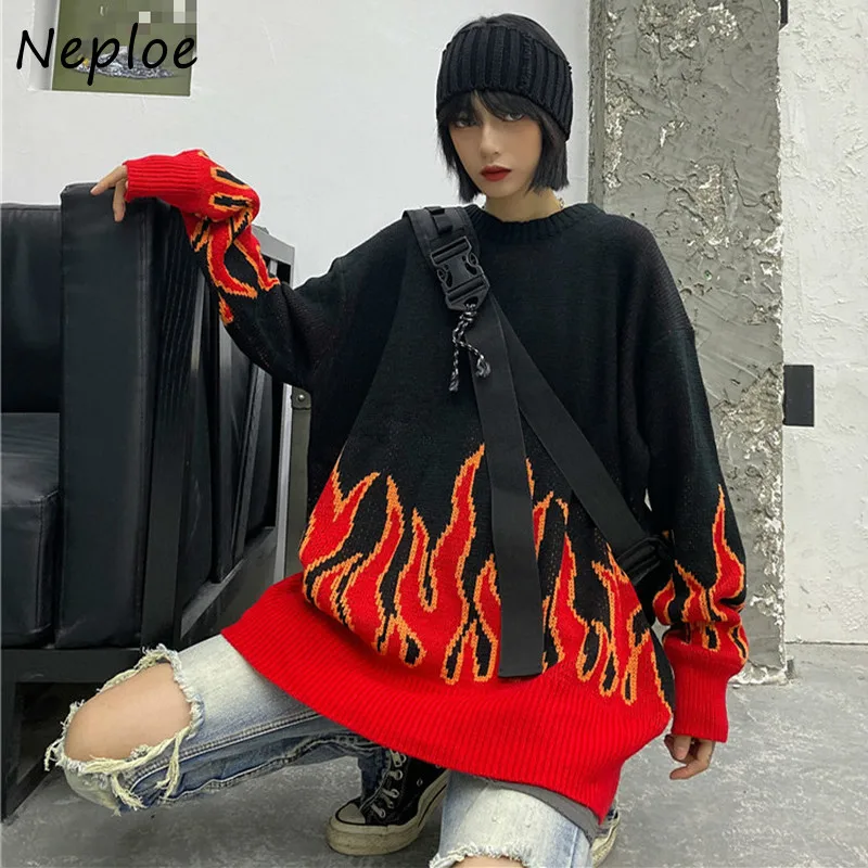 Женский жаккардовый свитер Neploe Flame пуловер оверсайз с длинным рукавом и круглым
