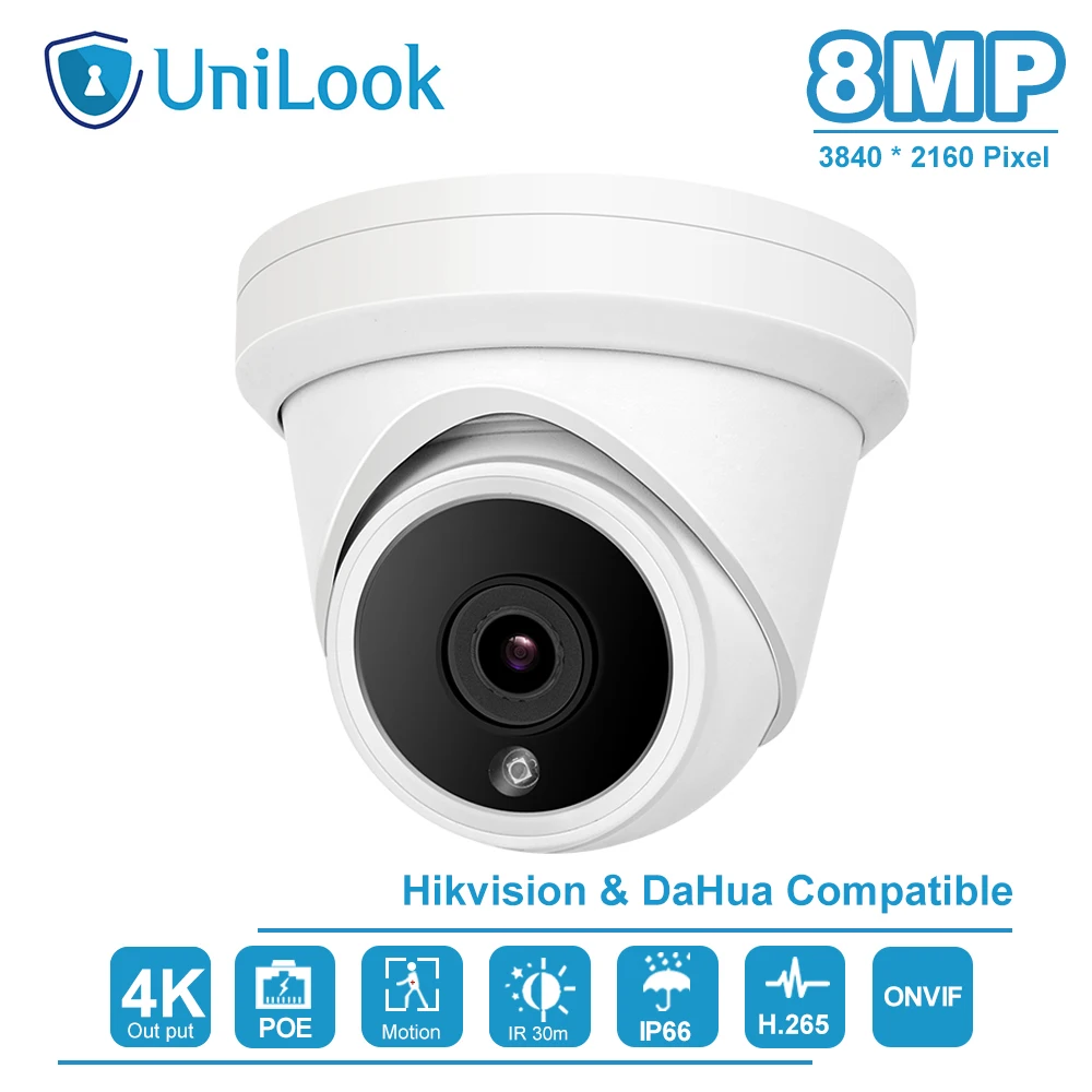 UniLook(Совместимость с Hikvision) 8MP 4K IR Dome POE IP камера наружного видеонаблюдения Видео Surveillacne сетевая камера H.265 ONVIF