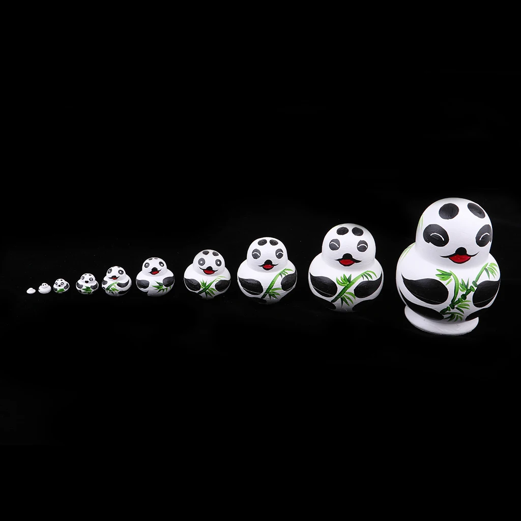 Wooden Russian Nesting Dolls Panda Bamboo Matryoshka Hand Painted 10 Pieces