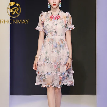 

Runway 2020 Summer New Women's Lace Patchwork Printed O Neck Short Sleeves Slim Ruffles Ladies Vintage Knee Party Vestidos Dress