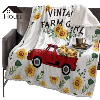 

BIGHOUSES Throw Blanket Vintage Farm Girl Farmhouse Red Truck Sunflowers Fleece Blankets Personalized Blankets Bedclothes