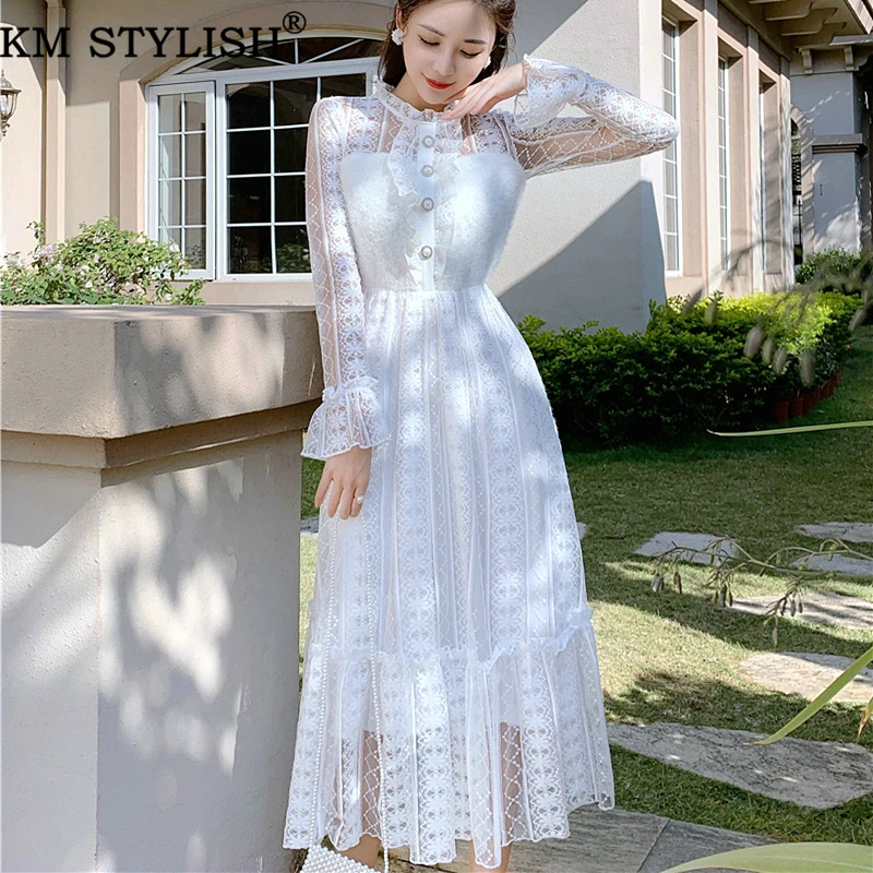 Vestido largo para mujer vestidos nuevo vestido blanco de primavera cosido de encaje largo manga acampanada vestido completo de una sola pieza _ - AliExpress Mobile