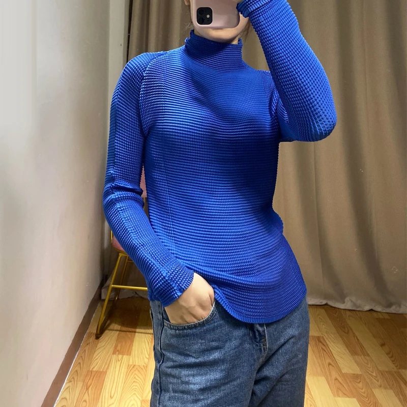 Changpleat, новинка, женские водолазки, топы, Miyak, плиссированные, модные, одноцветные, длинный рукав, тройник, большие, эластичные, дикие, приталенные футболки, T98035