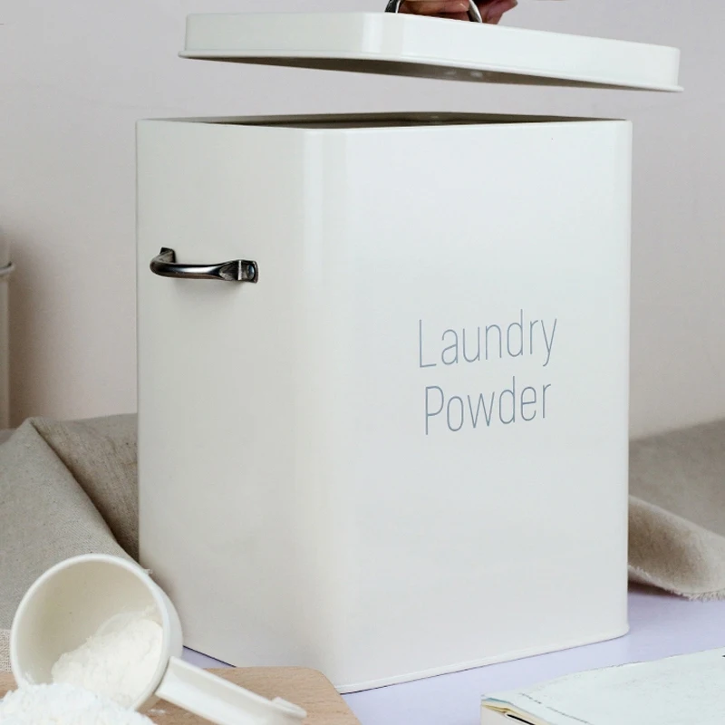 

Hot Sale Beautiful Powder Coating Metal Zinc Laundry Powder Boxes Storage With Scoop White