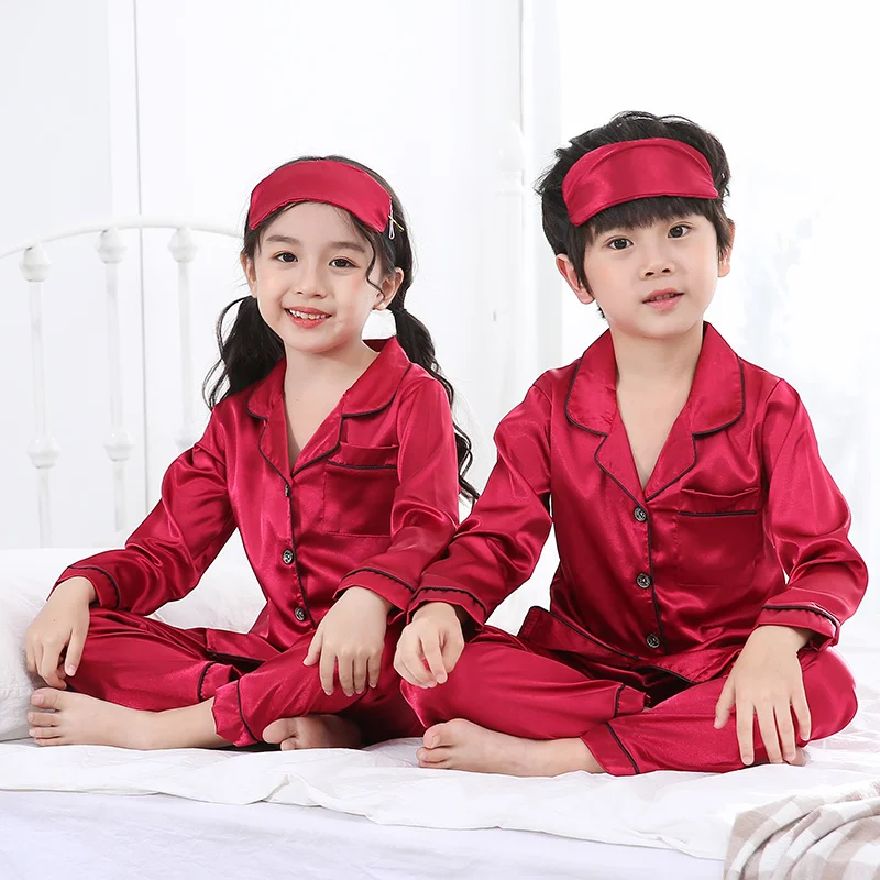 

2019 Autumn Winter Long Sleeve Kids Sleepwear Set Silk Shirts Pajamas Set Boys Pyjamas Sets New Arrivals Kids Nightwear Eye Mask