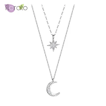 

925 Sterling Silver star moon double Necklace flash Crystal niche Clavicle Chain Temperament Pendant Fashion Jewelry