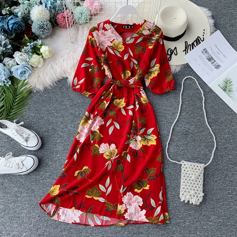 Boho V образным вырезом Летнее цветочное платье миди длинное шифоновое платье Вечерние Бандажное женское повседневное вечернее элегантное пляжное праздничное ТРАПЕЦИЕВИДНОЕ ПЛАТЬЕ