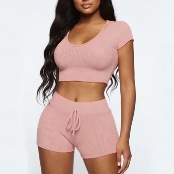 

Women Deep V Neck Fit Hooded Crop Top And Shorts Co-ords Short Sleeved Hooded Tee And Shorts in Rib