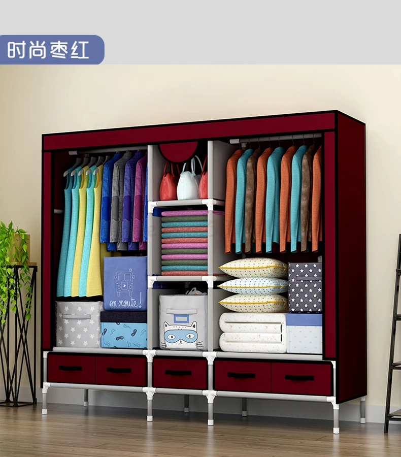 Wardrobe Simple Cloth Wardrobe Steel Pipe Bold Reinforcement Economical Thickening Simple Fabric Multi-coating All Steel Frame