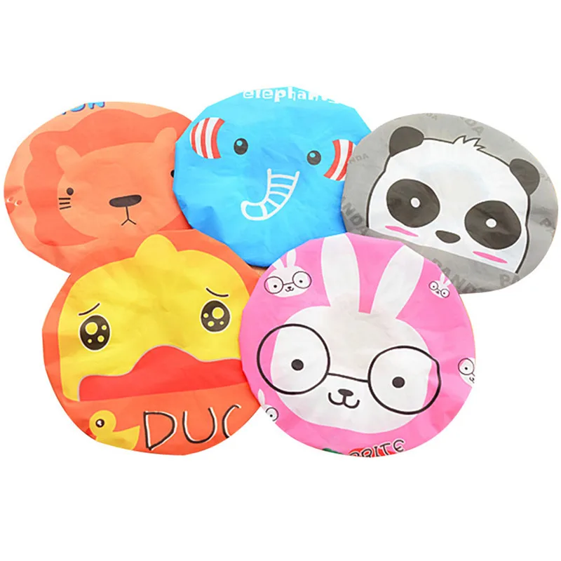 

2pc/set Colorful PVC Cute Cartoon bath hat Animal Waterproof Shower Cap Resuable Lace Elastic Band Bath Hair Caps Hat