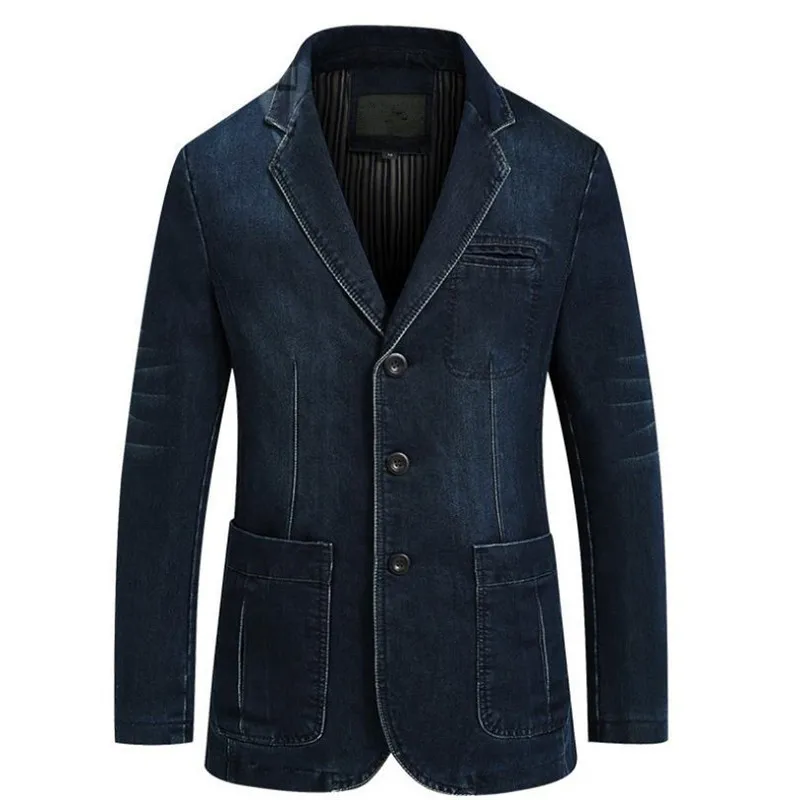 Новая Весенняя и осенняя мужская джинсовая куртка деловая Повседневная хлопковая куртка костюм тонкая однотонная мужская куртка большого размера - Цвет: Тёмно-синий