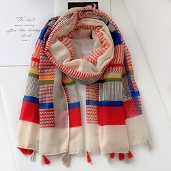 lady Autumn Cotton Viscose Tassel Shawl Luxury Colorful Striped Line Pashmina Wrap Sun Protection Summer Soft Shawl 180*90cm