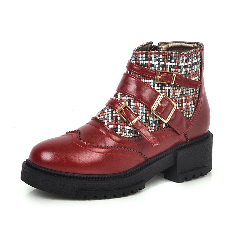 

Street round toe motorcycle boots matching color buckle zipper plaid platform chunky medium with ankle boots women's shoes