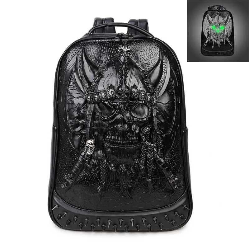 Pu Vintage Leather Backpack Men's Travel Computer 3D Three-dimensional Skull Luminous Bag School For Teenage World Of Warcraft