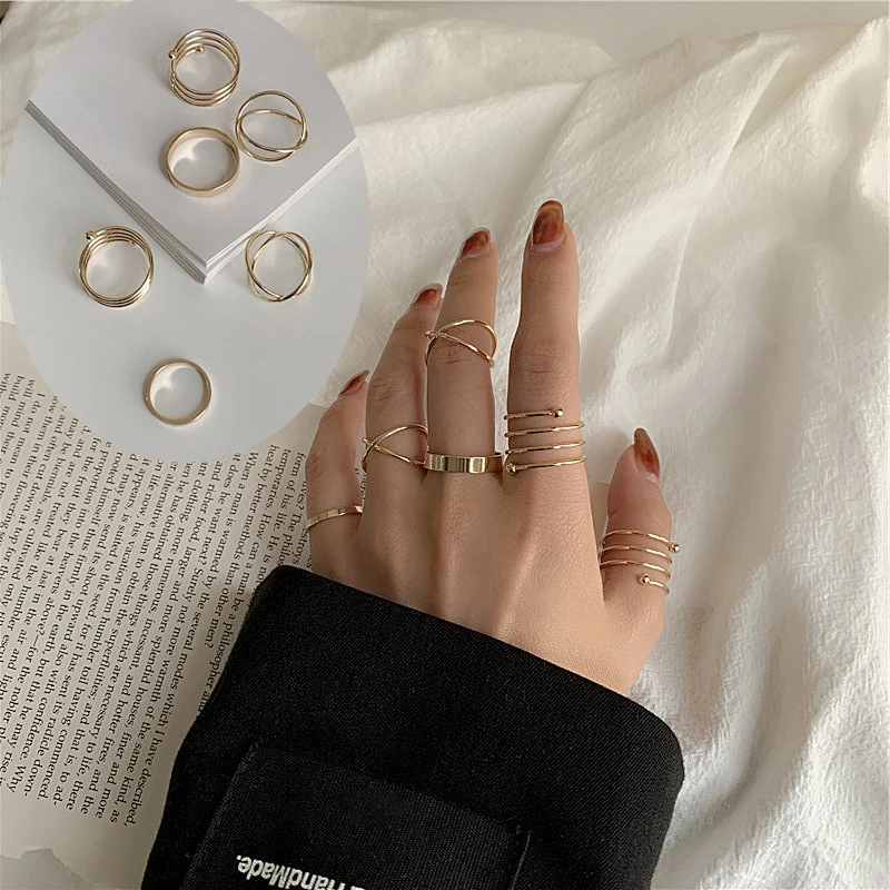 6Pcs/set Punk Finger Rings Minimalist Smooth Gold/black Geometric Metal Rings for Women Girls Party Jewelry Bijoux Femme - Image 3