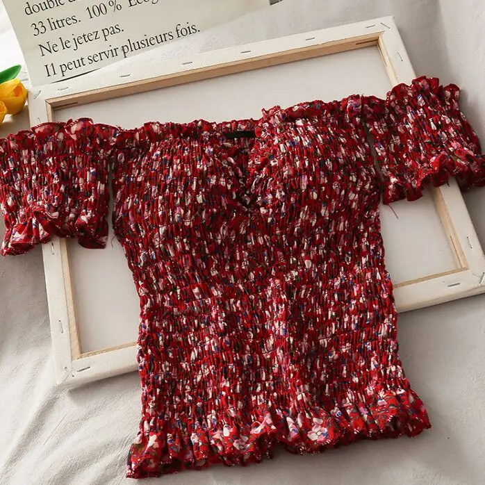 6 estampado de colores elástico camisa de verano dulce volantes barra cuello recortado blusas con almohadillas acolchado para Mujer Tops para las niñas