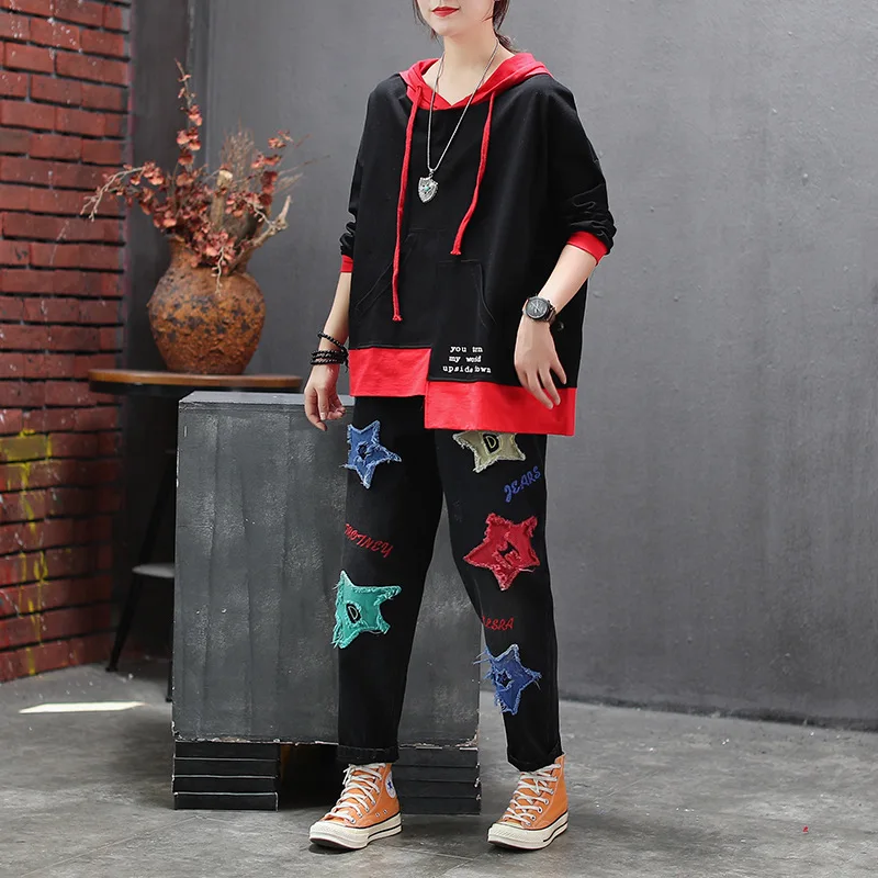 Autumn Hoodies Women Retro Loose Large size Pullovers New Ladies Tops Hooded Spliced Embroidery Casual All-match Hoodies
