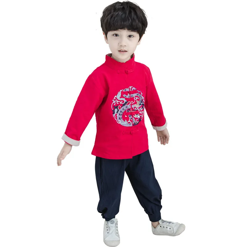 2-8Yrs с вышивкой «восточные одежда с драконом, Комплект для мальчика, Топы с длинными рукавами и штаны, костюмы для детей, Демисезонный осень в стиле костюма эпохи Тан наборы для ухода за кожей