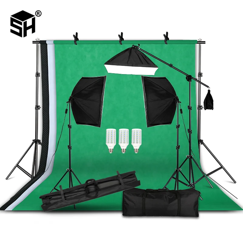 Baratos Kit de equipo de iluminación de fotografía profesional con Softbox soporte de fondo suave con brazo de pluma telones de fondo luz foto estudio