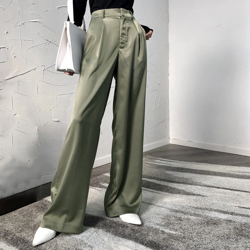 

Female Solid Wide Leg Pants Satin High Waist Loose Trousers Silky High Quality Simple Casual Straight Pants Women Green
