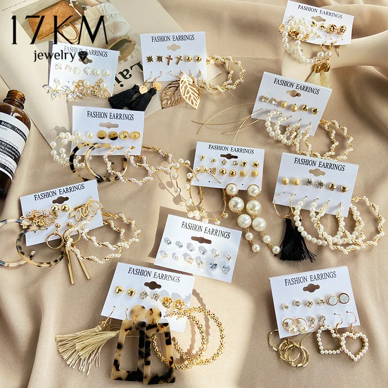 Earrings-Set Acrylic Flower 17KM Pearl Gold New Jewelry Vintage Women Fashion Geometric