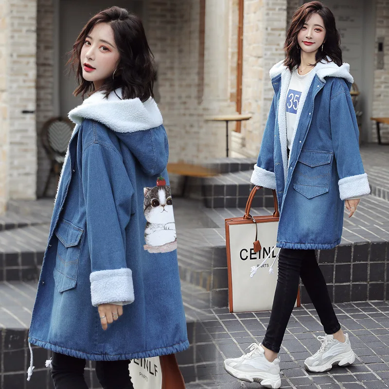 

2019 New Style Korean-style Students Printed Lambs Wool Mid-length Cowboy Hooded Brushed And Thick Coat WOMEN'S Dress