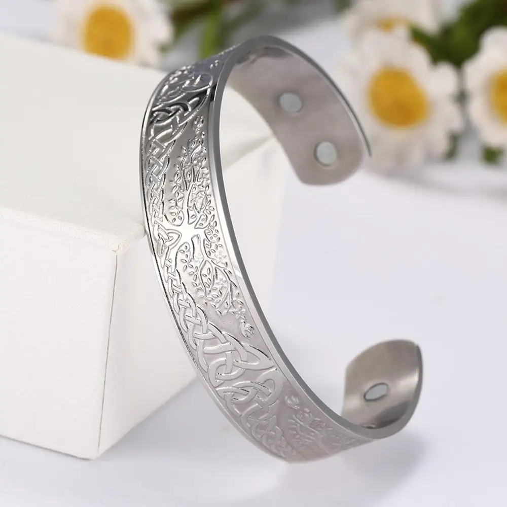 Viking Bangles Endless Love Knots Tree of Life Birds 316L Stainless Steel Cuff Magnetic Bangle Therapy Health Men Jewelery